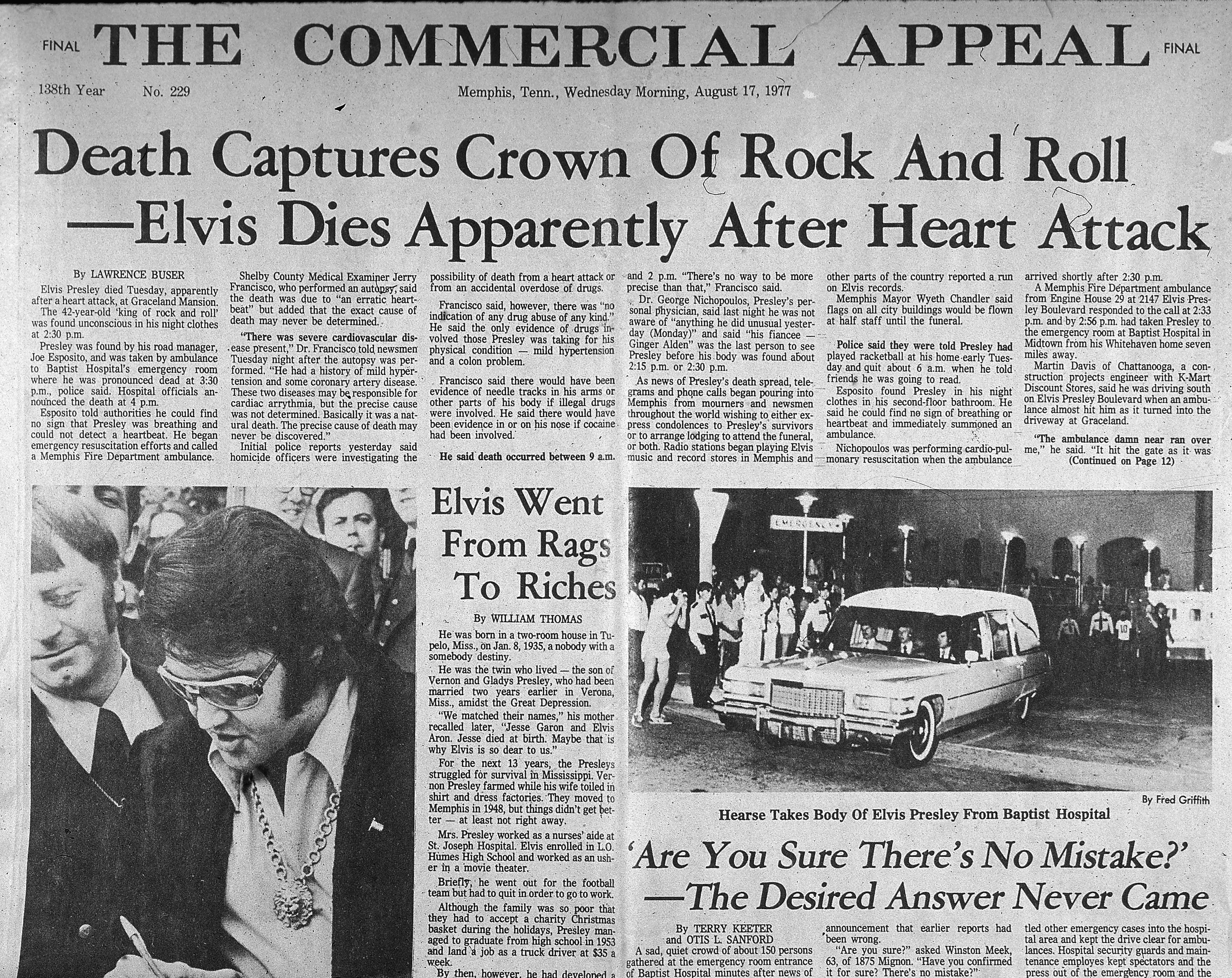 View of the front page of the Commercial Appeal newspaper the day after the death of American rock and roll singer Elvis Presley, Memphis, Tennessee, August 17, 1977. The main headline reads