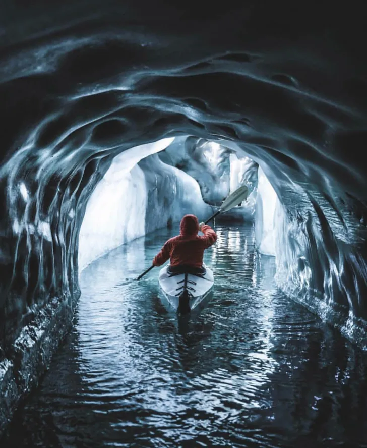 Paddling inside a glacier, Austria