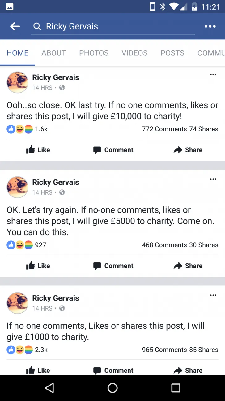 Ricky Gervais trying to give money to charity?