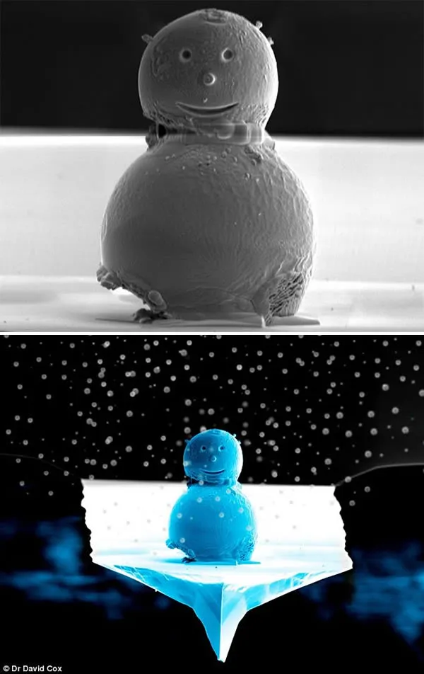 The world's smallest snowman, at one fifth the width of a human hair