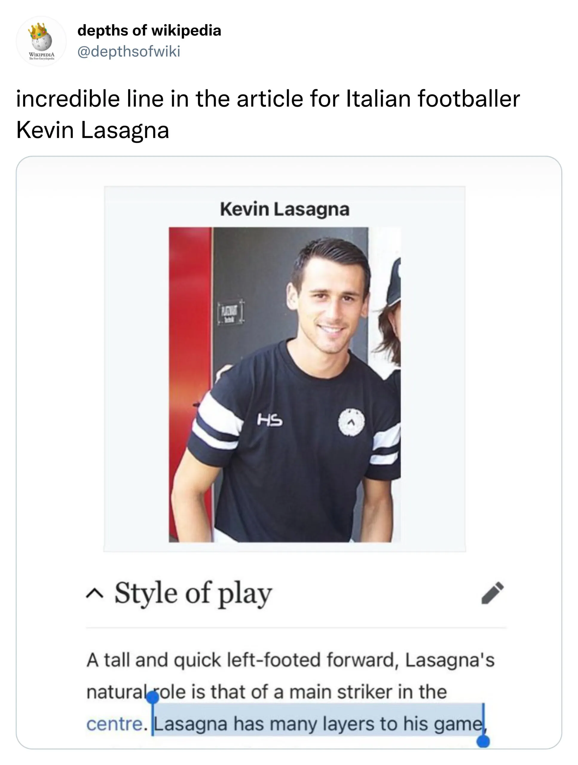 wikipedia blurb about athlete kevin lasagna having layers to his game