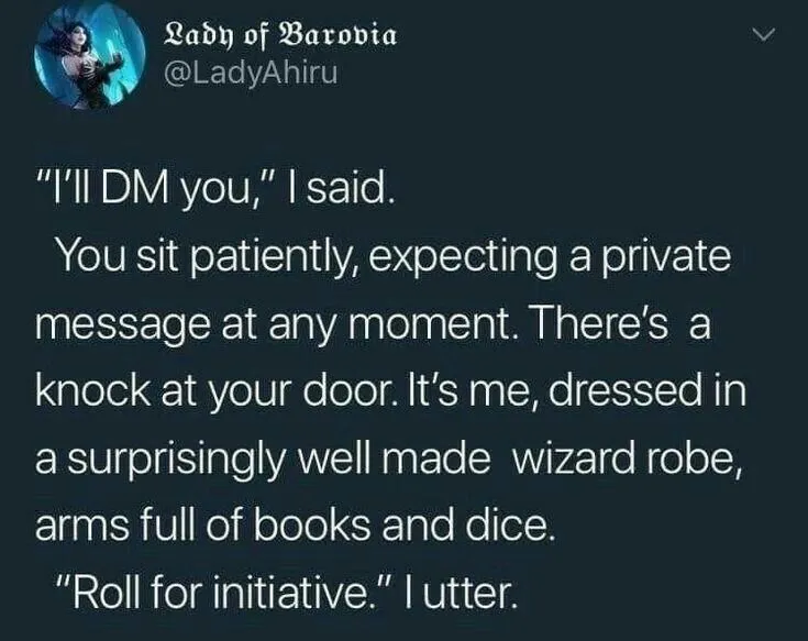 tweet about showing up to somone's house dressed as a wizard and askig them to roll a 20 sided die