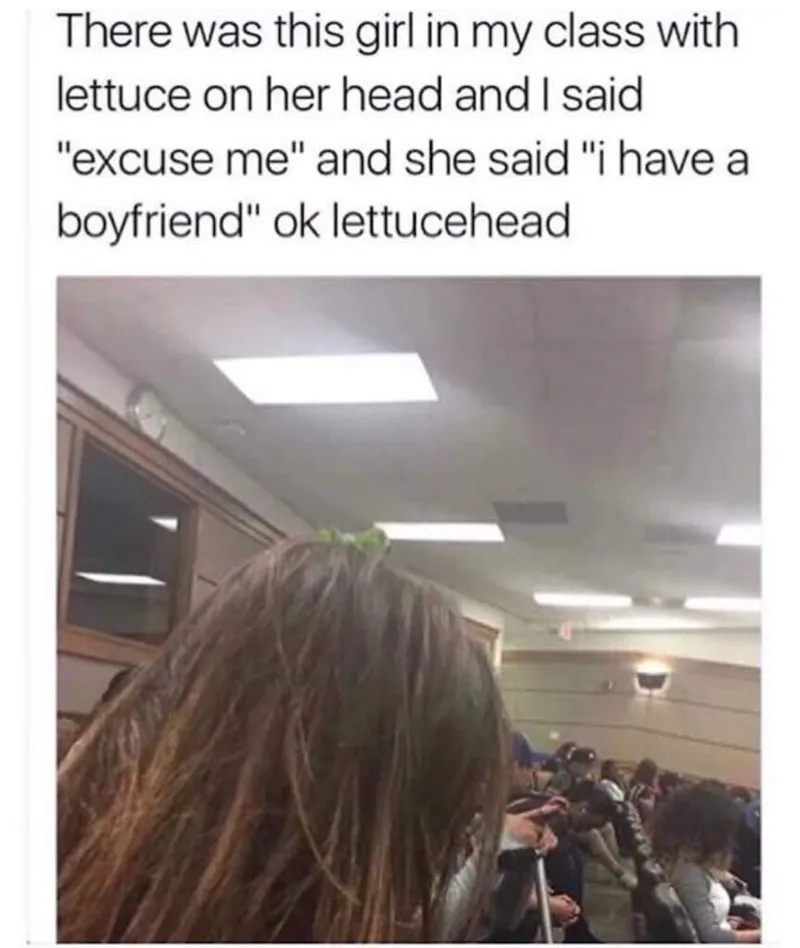 a girl with a piece of lettuce on her head
