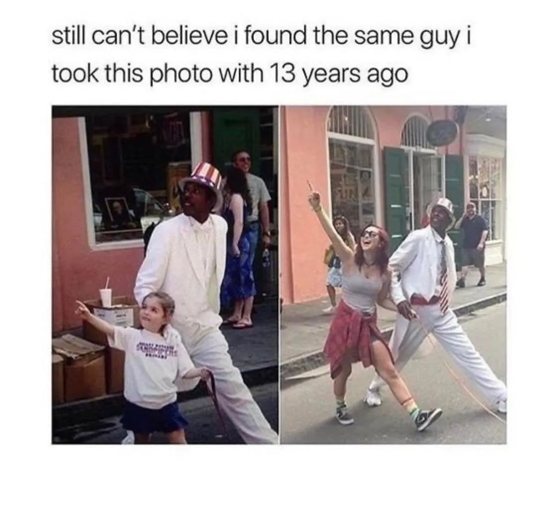 a picture with the same random person 13 years apart