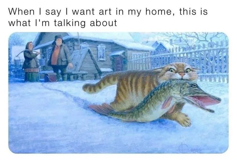 painting of a cat stealing a fish