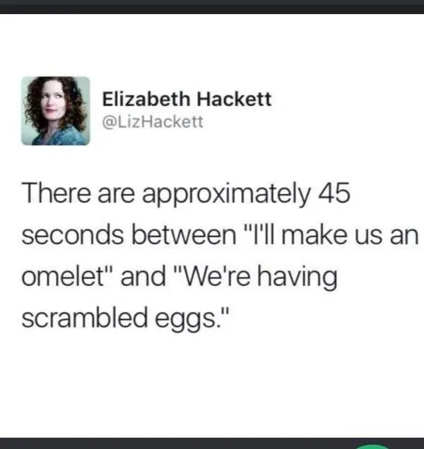tweet about having 45 second between making an omelet and having it turn into scrambled eggs