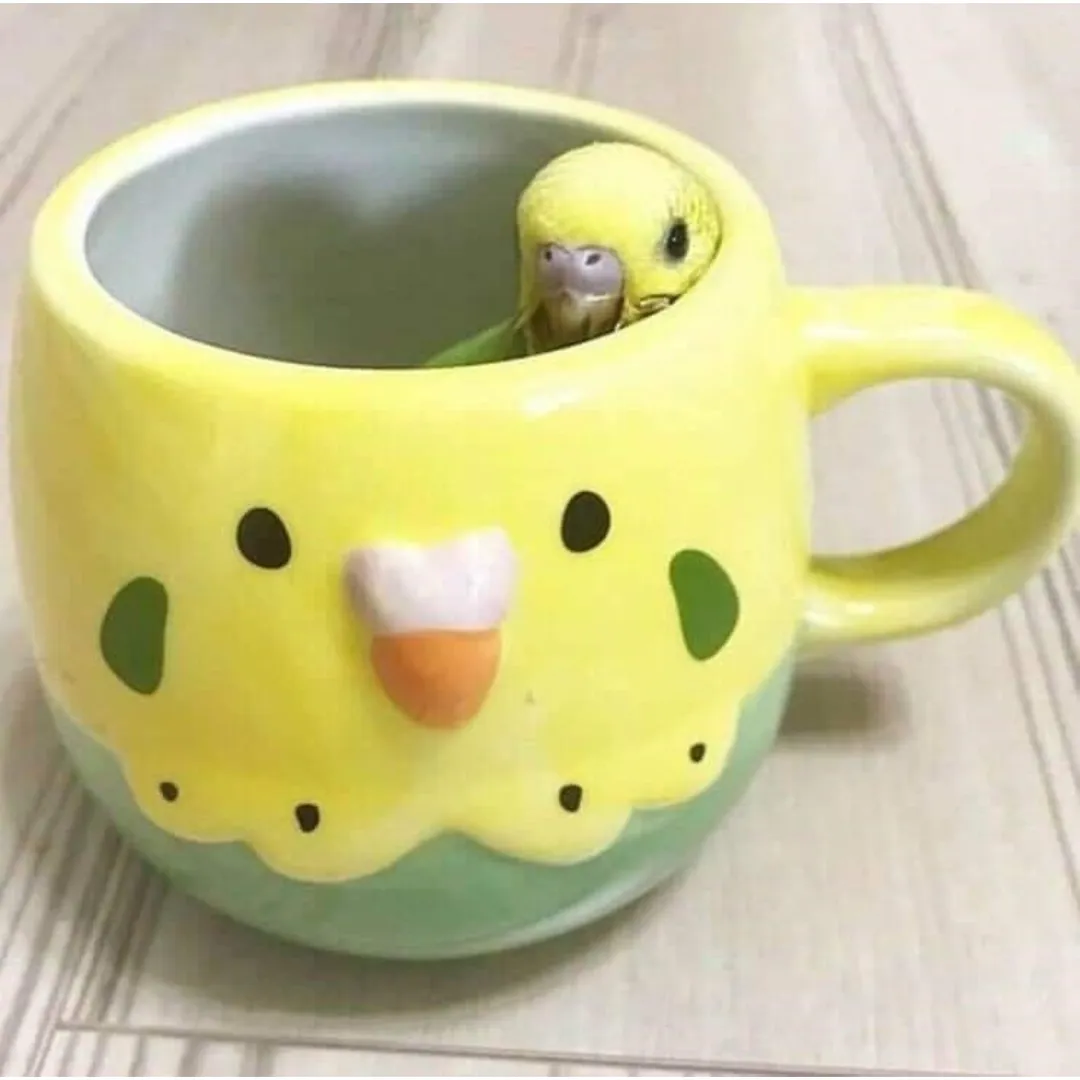 bird mug with a bird resting in it