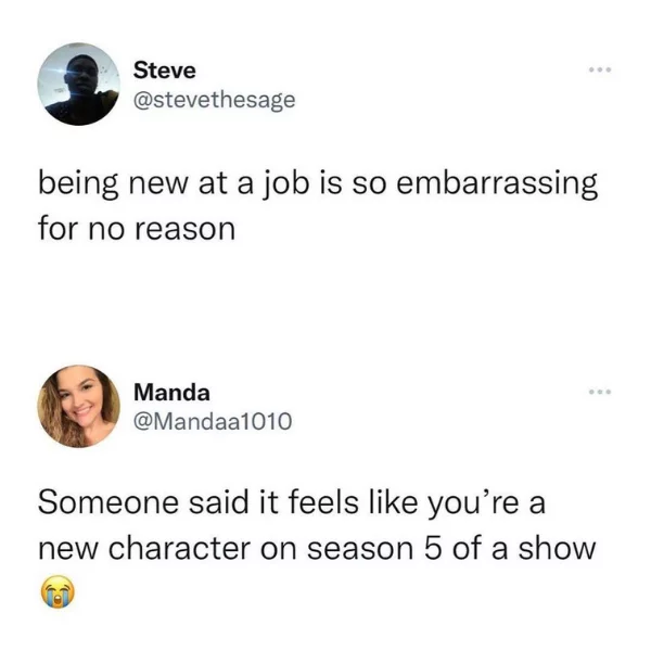This is a funny work meme that is composed of funny tweets. The first tweet reads "Being new at a job is so embarrassing for no reason", making an already good office meme. The second part says "Someone said it feels like you're a new character on season 5 of a show"