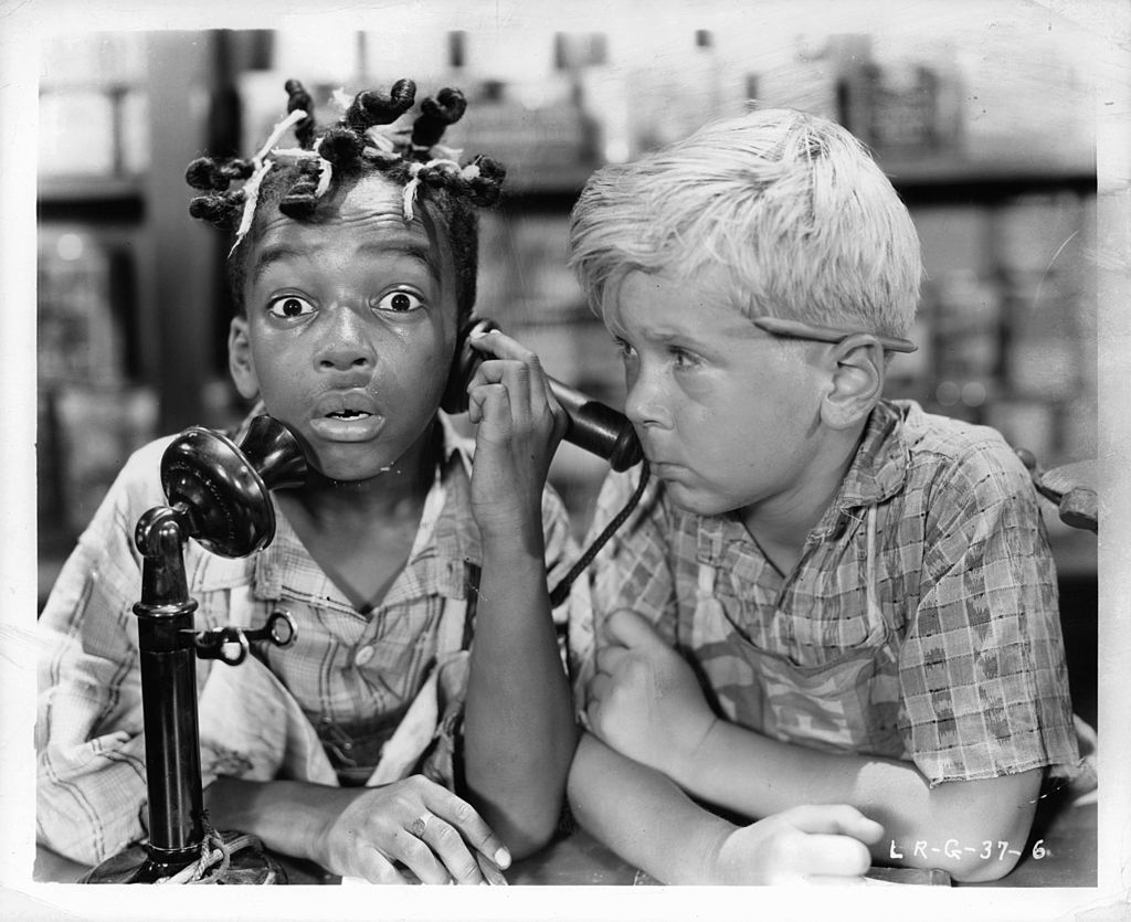 two little rascals on phone Allen 'Farina' Hoskins on phone with Jackie Cooper
