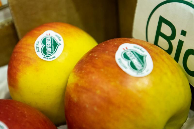 How apples prevent heart diseases Organic apples of the Topaz variety in crates at a stand during the organic trade fair Biofach