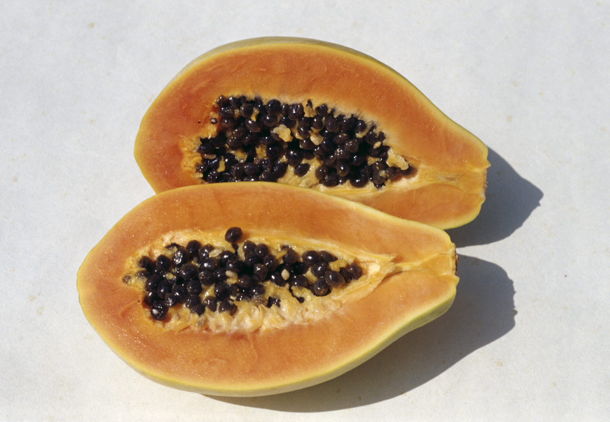 papaya mask-859813874 Papaya or Papaw (Carica papaya), cut in cross-section, Caricaceae.