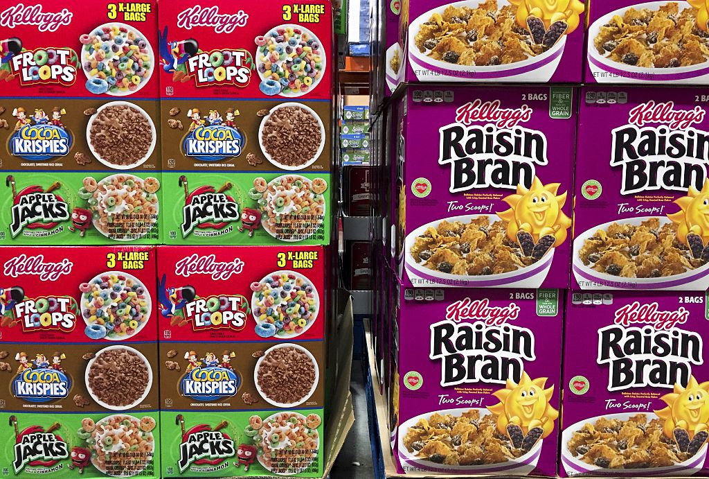 Boxes of Kellogg's cereals including Froot Loops, Cocoa Krispies and Raisin Bran 
