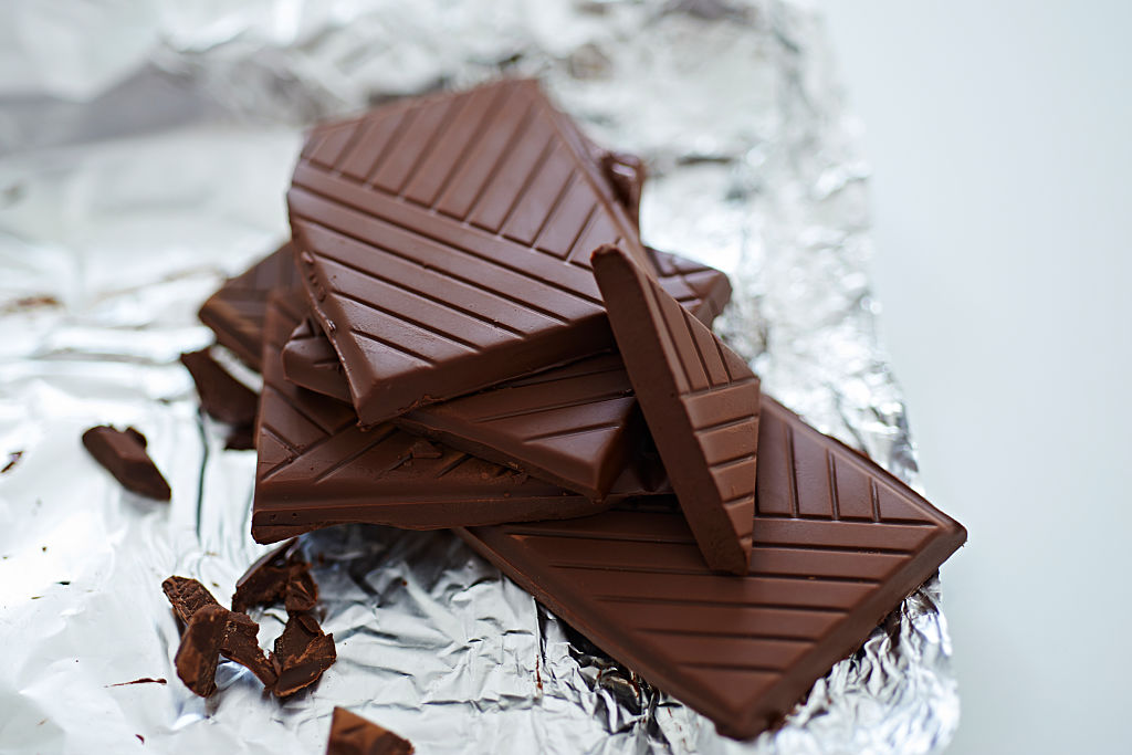 dark chocolate 586119118 dark chocolate pieces on top of a foil wrapper