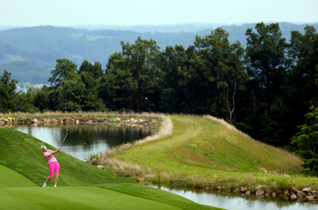 French Lick Trish Johnson of England hits her 2nd shot on the 15th hole