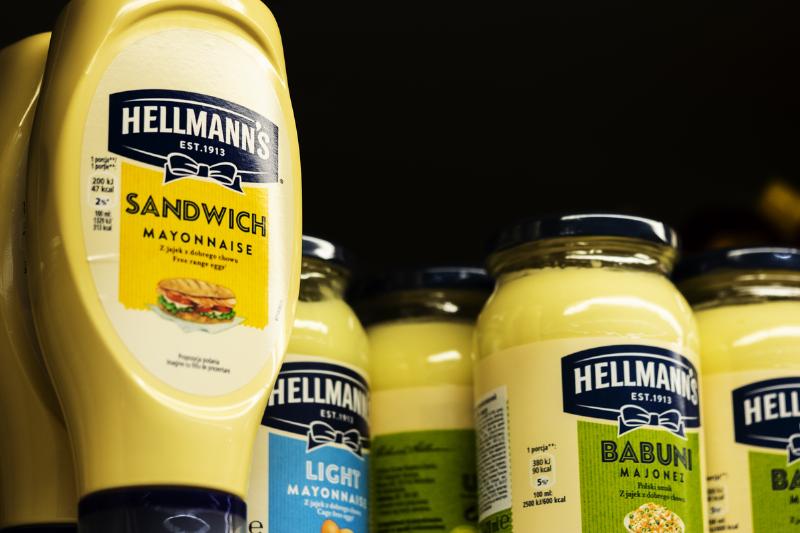 condiments - 1139025554 Hellmann's jars of mayonnaise are seen on a shelf at a store.