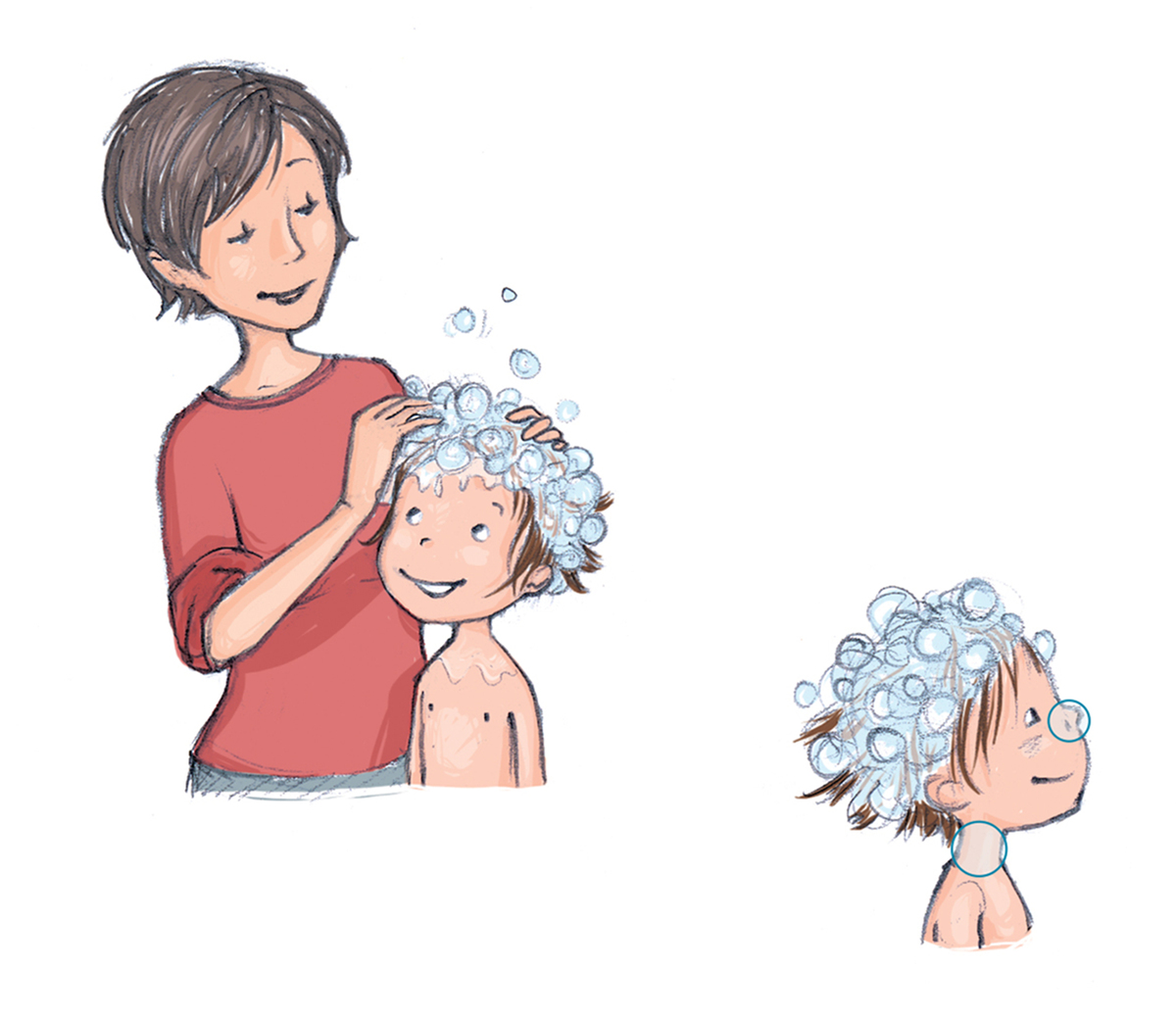 hair washing cartoon - 1141934130 A cartoon features a mother rubbing shampoo into her child's hair.