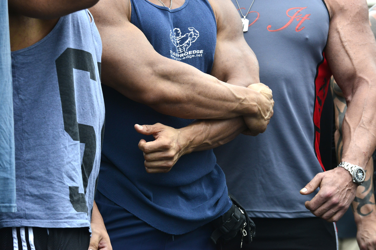 bodybuilders - 181370316 Body builders attend a special body building experience hosted by Arnold Schwarzenegger.