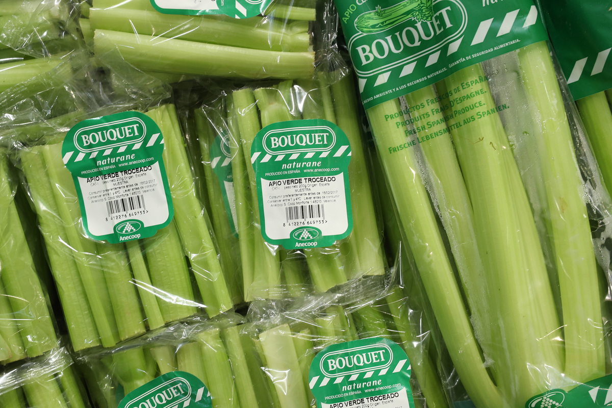 bags of celery - 634245354 Bagged organic celery lies on display.