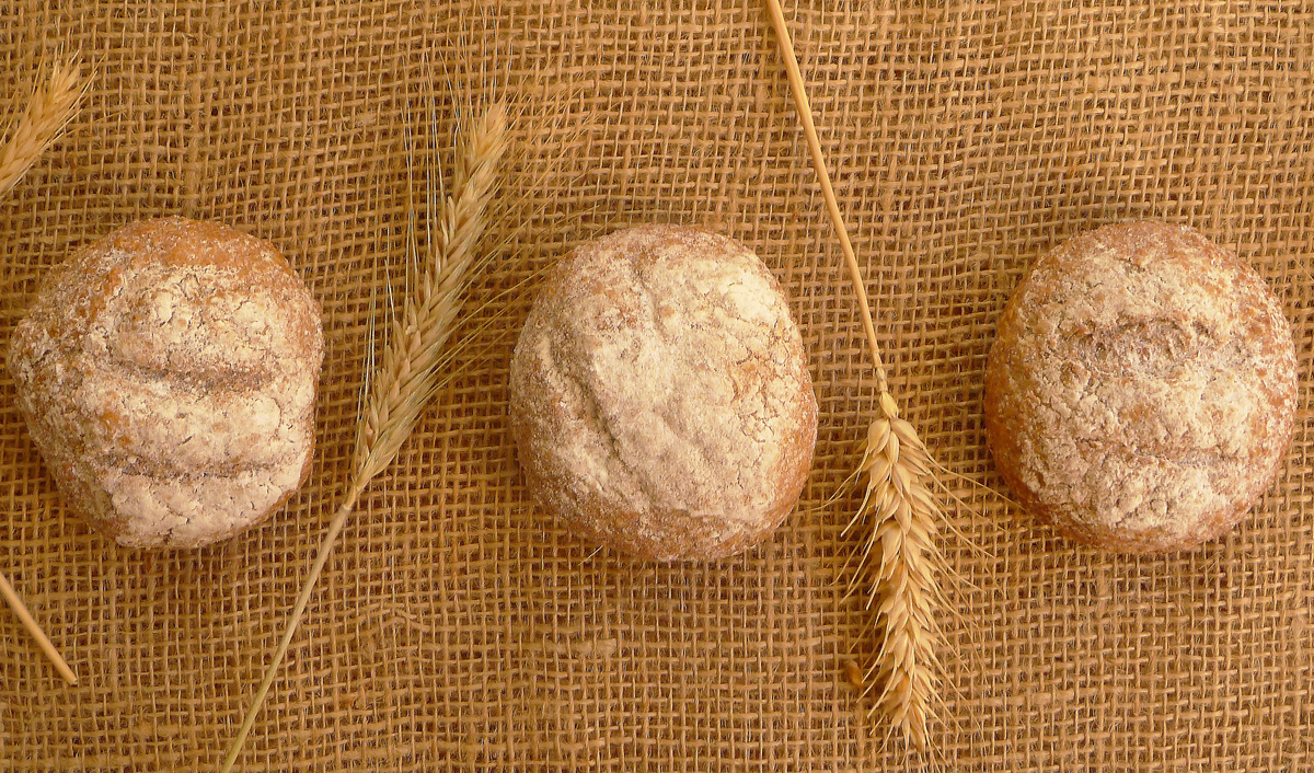 homemade whole wheat bread - 653503054 Small loaves of homemade whole wheat bread are aligned on a burlap sack.