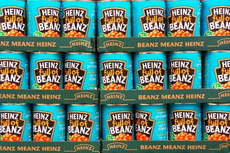 Heinz beans shelves - 661831190 A store displays shelves of Heinz beans.