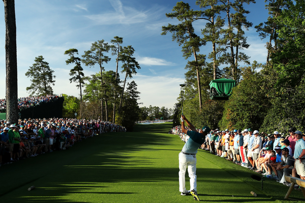 Augusta golf - 666641640 Sergio Garcia of Spain plays his shot from the 18th tee at the Augusta National Golf Club.