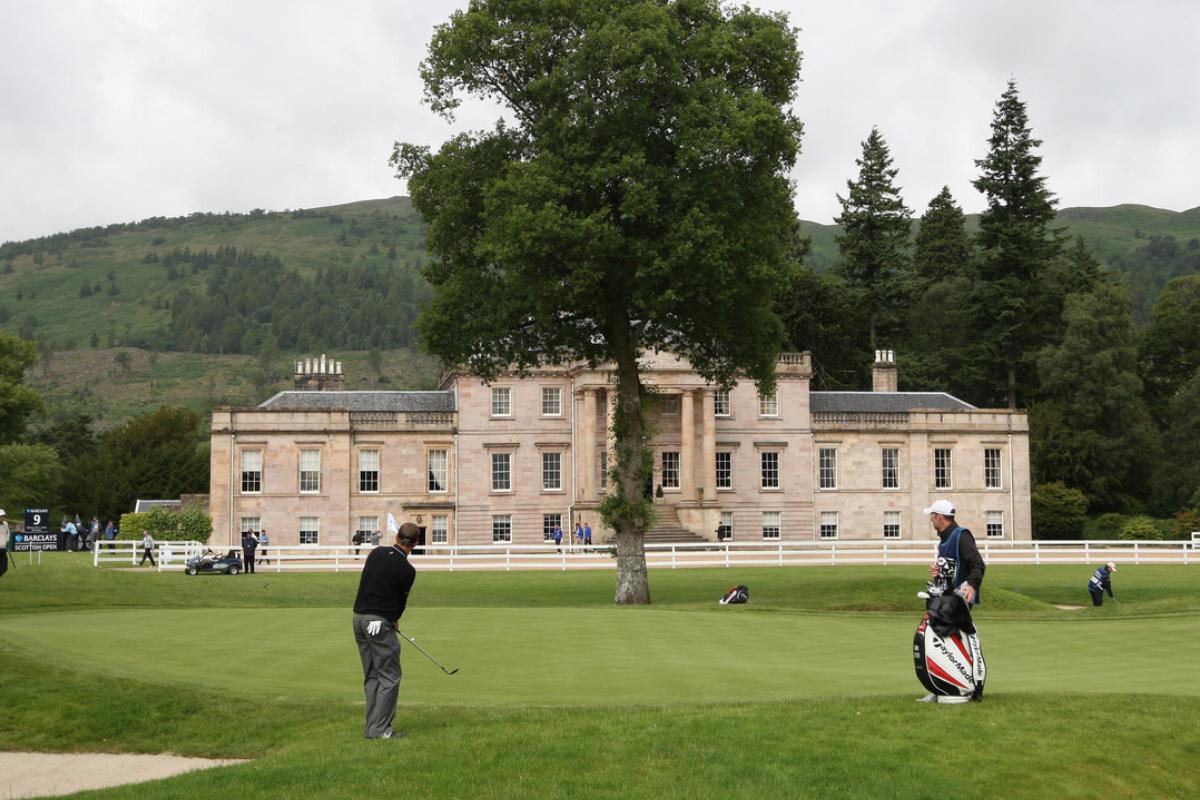 Loch Lomond - 808119188 England's Sam Little plays a shot in front of Rossdhu House at Loch Lomond Golf Club