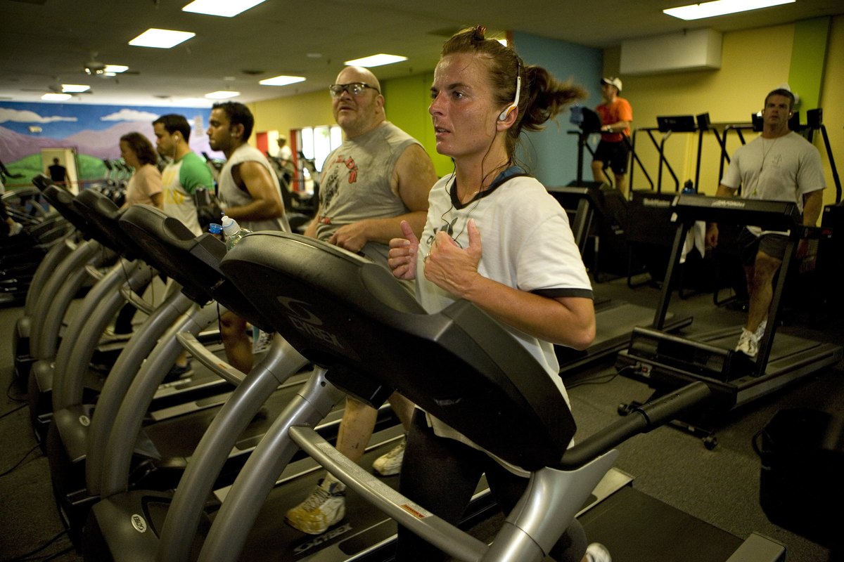 treadmill - 89935687 Members of Gold's Gym work out on treadmills.