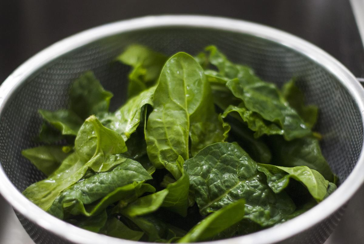spinach in a strainer Freshly washed spinach sits in a strainer.