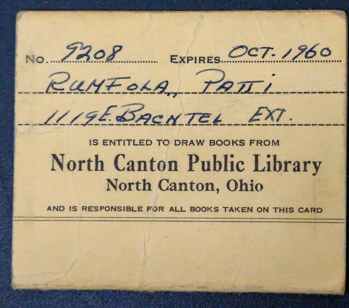 Patti's library card for north canton public library