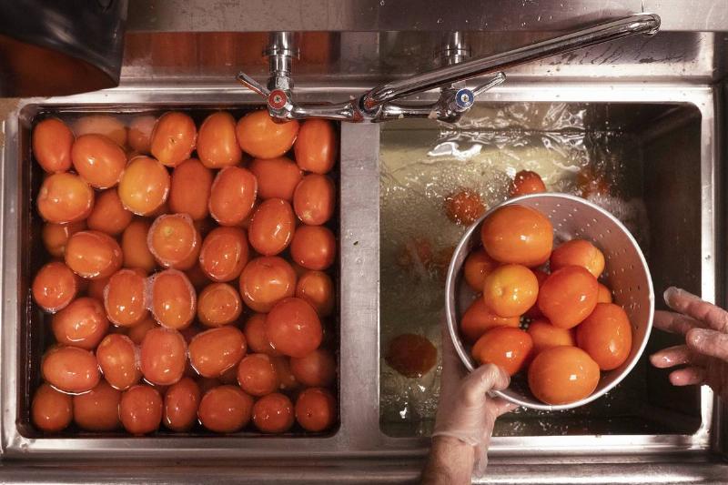 washing tomatoes-1183442776 A person washes tomatoes in a colander in the sink.