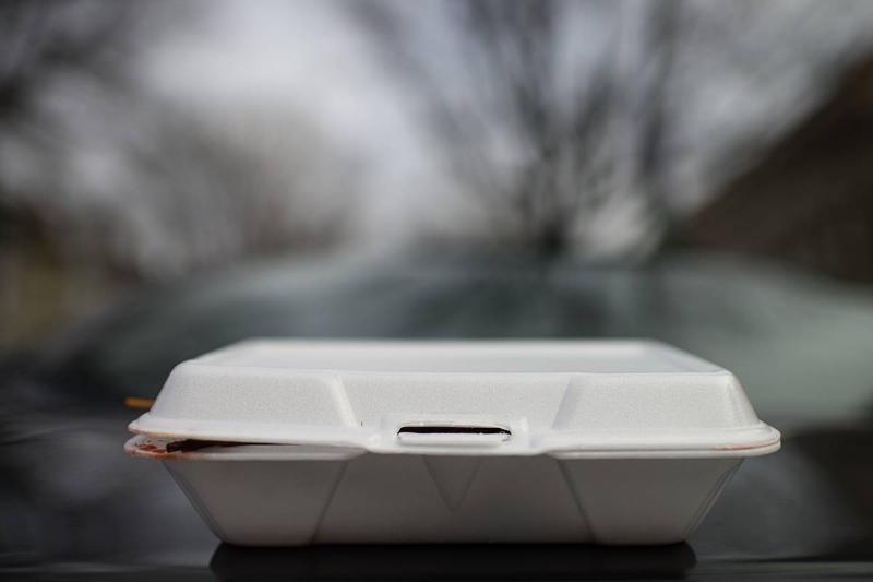 A styrofoam container holds leftovers from restaurants.