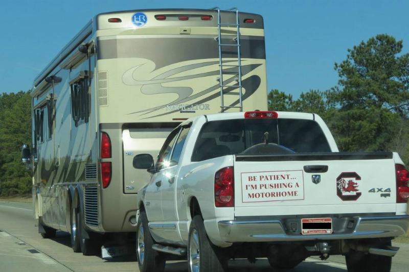 pushing a motorhome truck pushing a motorhome sticker