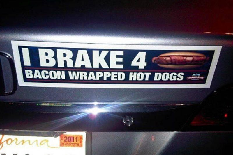 bacon wrapped hot dogs always brake for hot dogs bumper sticker