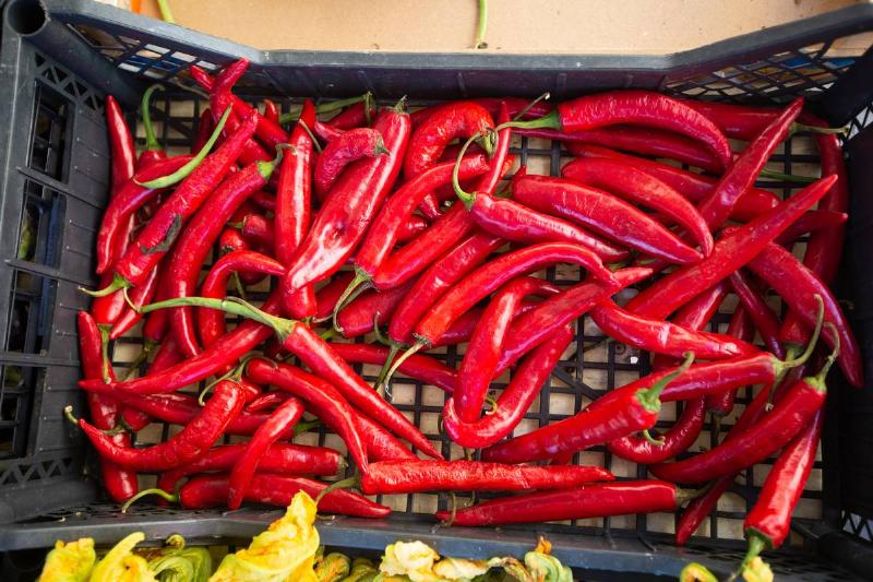 Red chili peppers sit in a crate.
