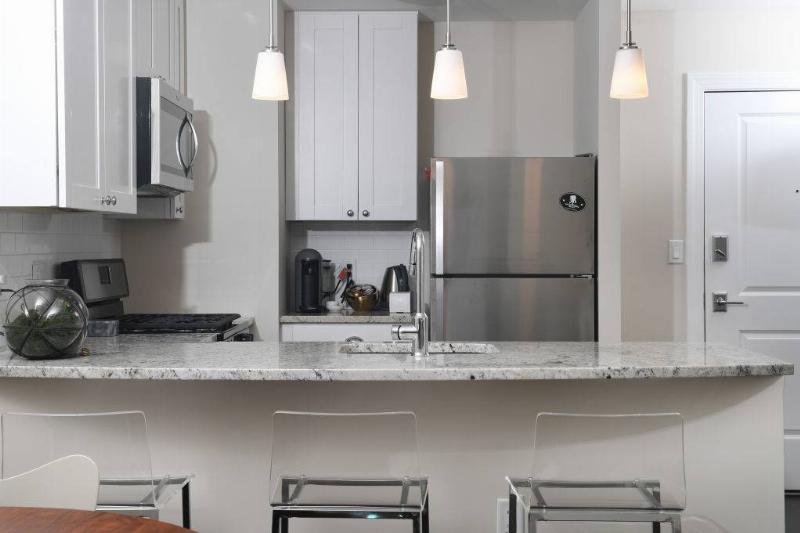 countertops WASHINGTON, DC - NOVEMBER 12: Laura Kiker's kitchen has granite counter tops, stainless steel appliances and pendant lighting November 12, 2017 in Washington, DC. Kiker's building previously was a section of Specialty Hospital Capitol Hill. (
