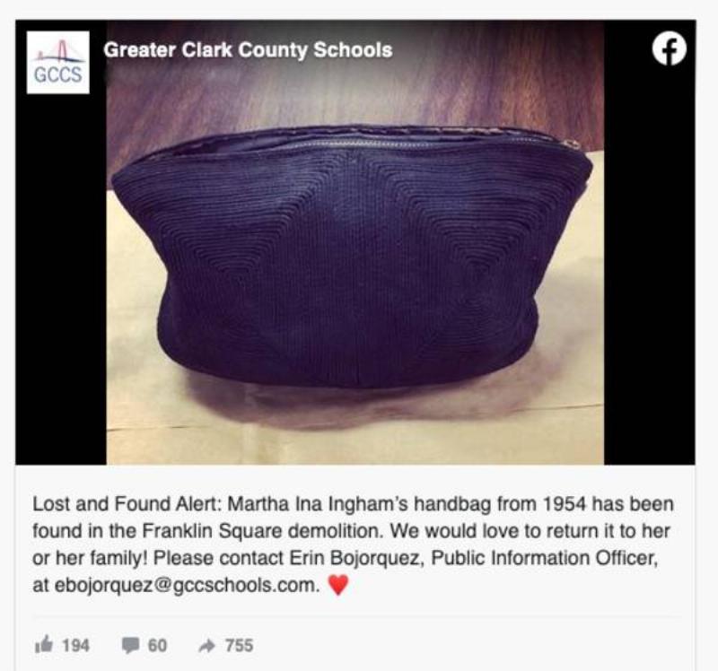 school posting about a purse they found