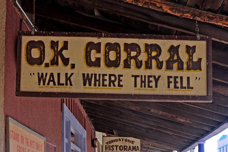 OK Corral -492037707 A sign shows where the O.K. Corral stood in Tombstone, Arizona.