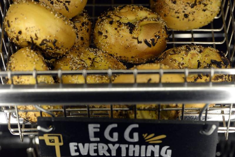 bagels for sale Egg everything bagels are for sale at a bakery.