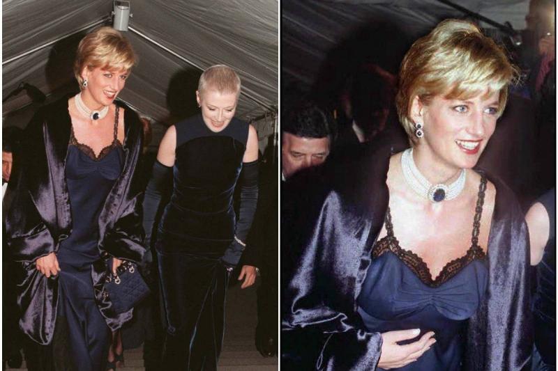 Diana Princess Diana attends the 1996 Met Gala in a Dior dress.