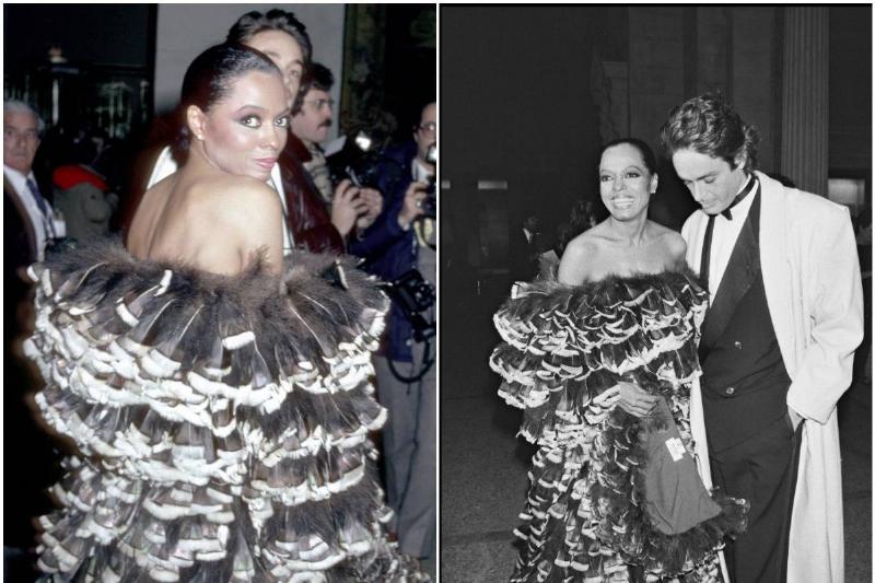 Diana Ross Diana Ross wears a feathered dress to the Met Gala, 1981.