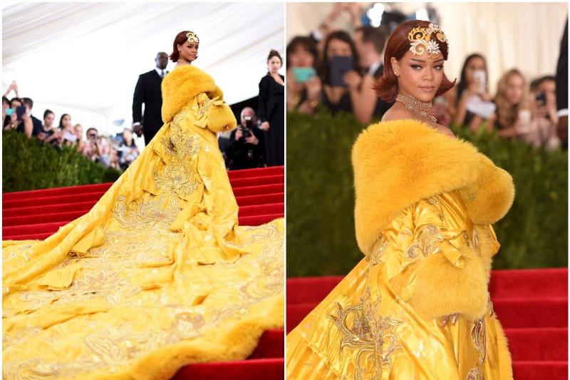 Rihanna Rihanna walks up the stairs in her traditional Chinese-inspired Met Gala dress, 2015.