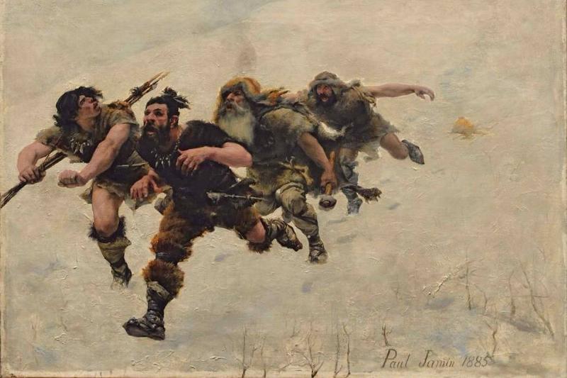 running from mammoth In this 1885 painting, ancient humans run from a mammoth.