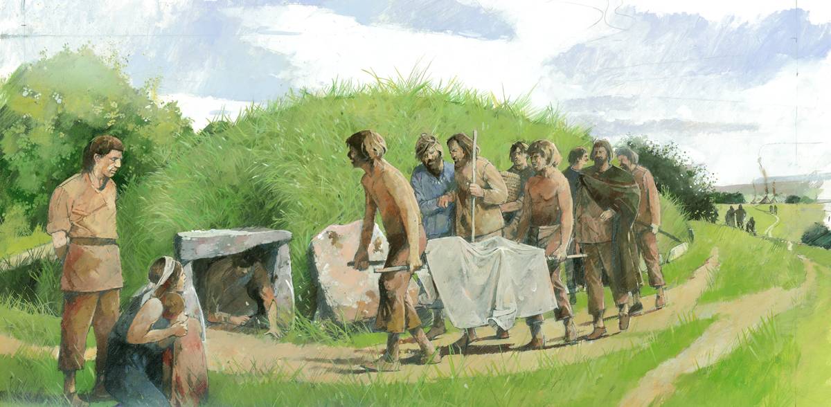 stone age burial This drawing shows a funerary procession during the Stone Age.