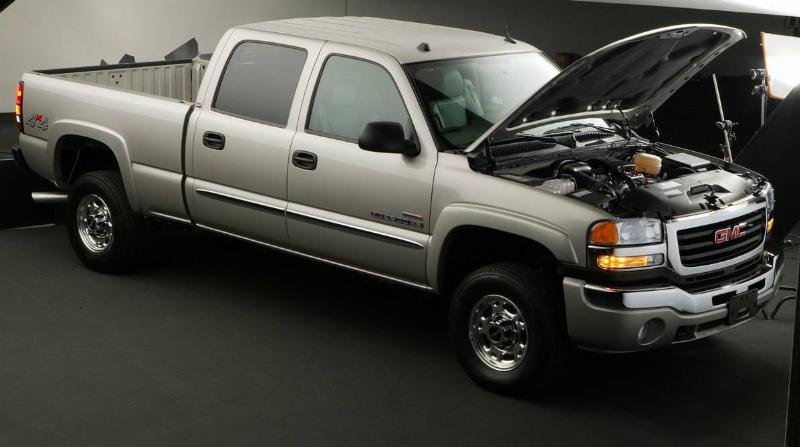 GMC's 4x4 diesel pickup truck with raised hood. GMC's 4x4 diesel pickup truck with raised hood.
