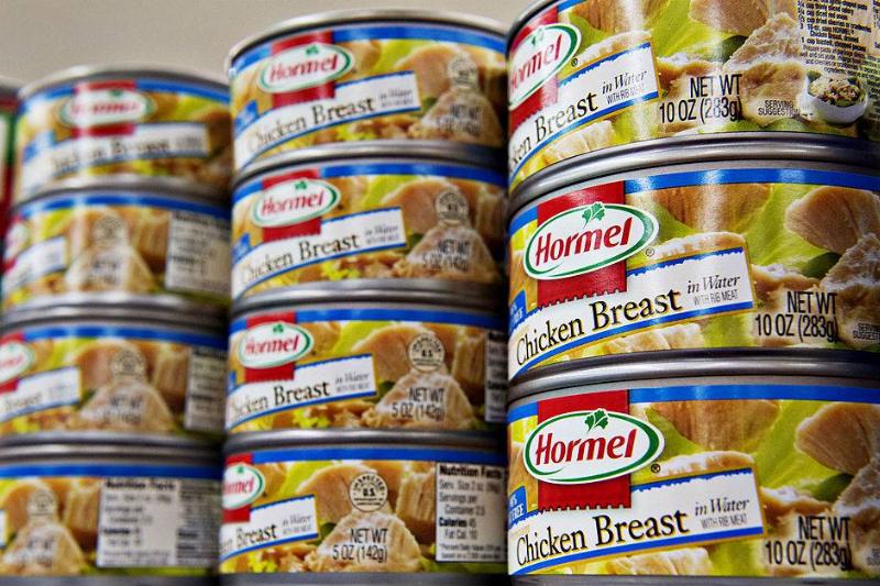 chicken 158908259 Hormel Foods Corp. canned chicken breast sits on display in a supermarket
