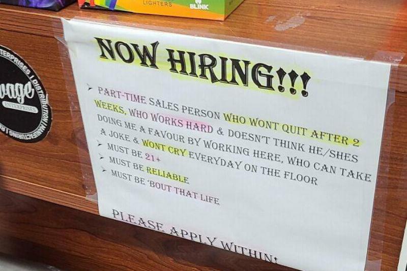 Sign Now hiring part time sales person who won't quit after two weeks