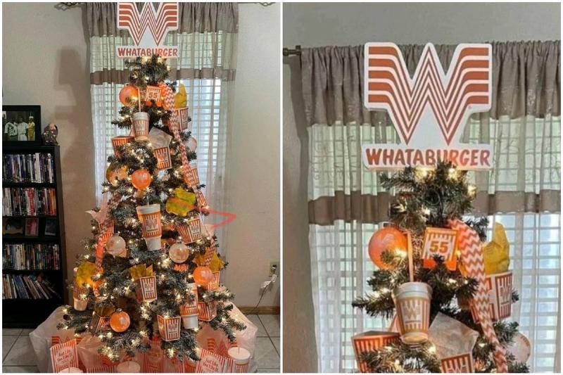 Christmas tree adorned with bags, drink cups, and logo from Whataburger