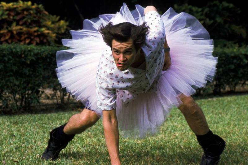 Jim Carrey crouching in tutu as Ace Ventura Pet Detective Jim Carrey crouching in tutu as Ace Ventura Pet Detective