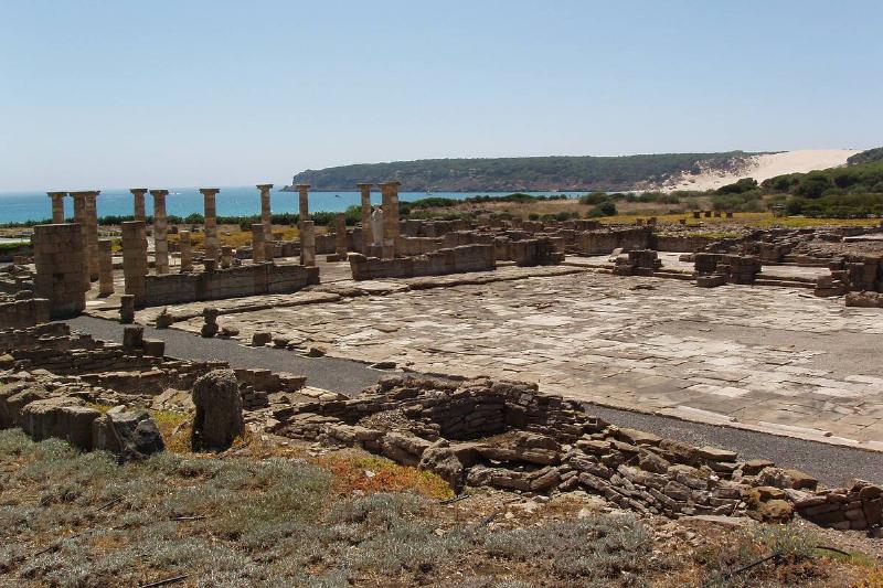 View of the Forum and the Roman Basilica of the archaeological Baelo Claudia located in the Bolonia bay, Tarifa, Cadiz.