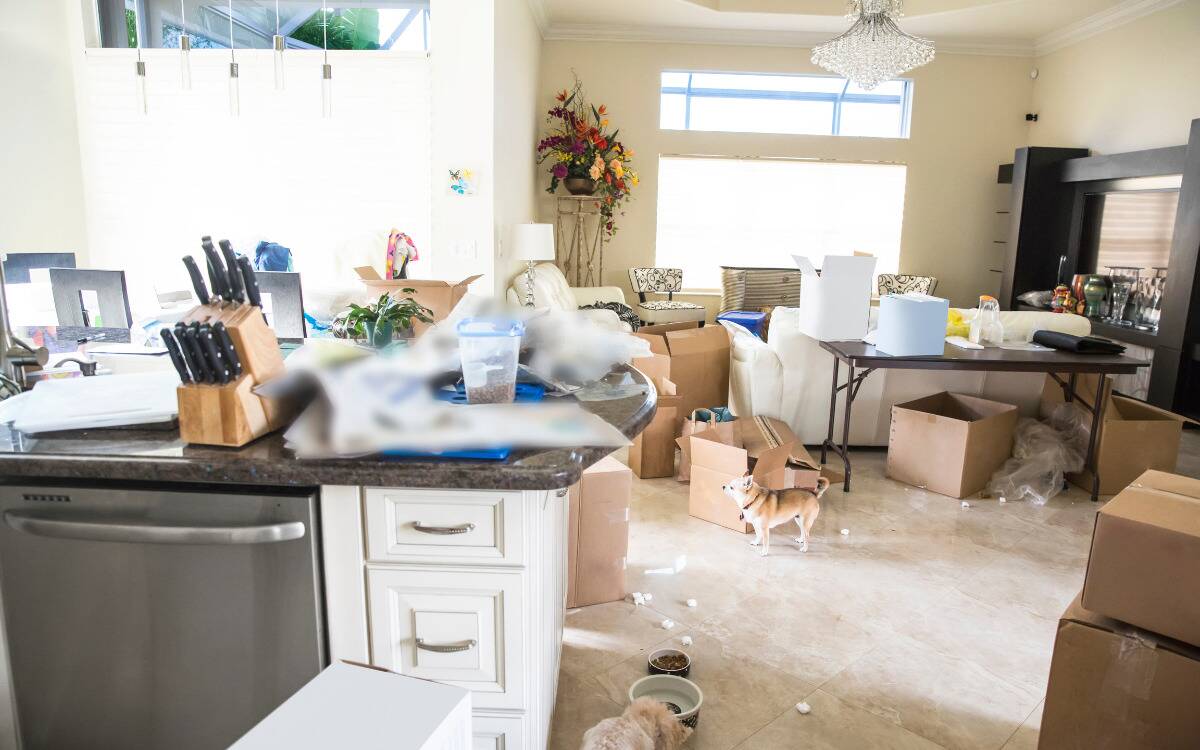 A messy kitchen/dining room area littered with boxes.